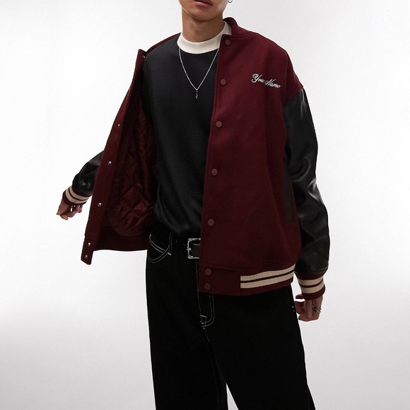 Top Man Burgundy Bomber Varsity Jacket - Picture 10 of 15